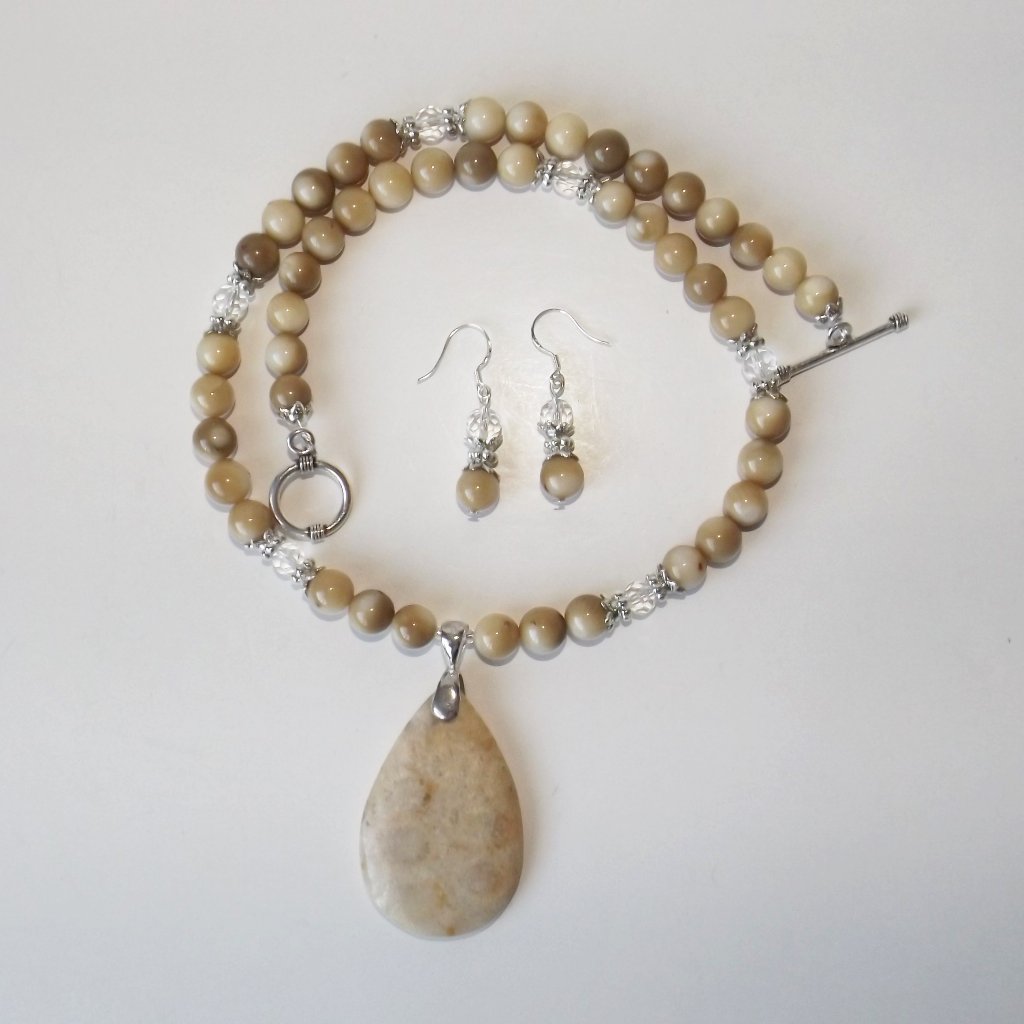 Natural Coral Fossil Necklace/Earrings (#1011)